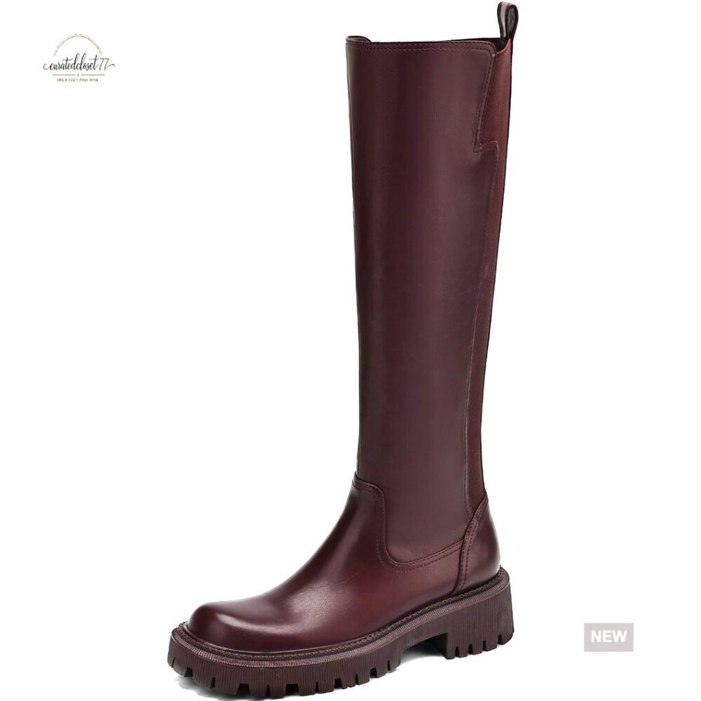 Knee High Combat Boots Platform Lug Sole Stretch Calf Riding Boots Chunky Heel